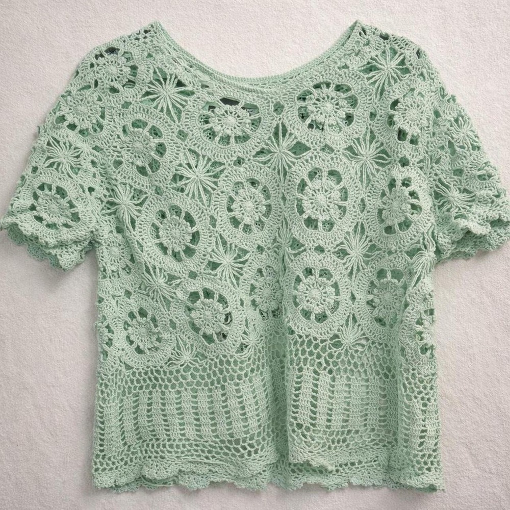 Roaman's Mint Green Crochet Lace Knit Top Boho Floral 18W Cottagecore Fairy